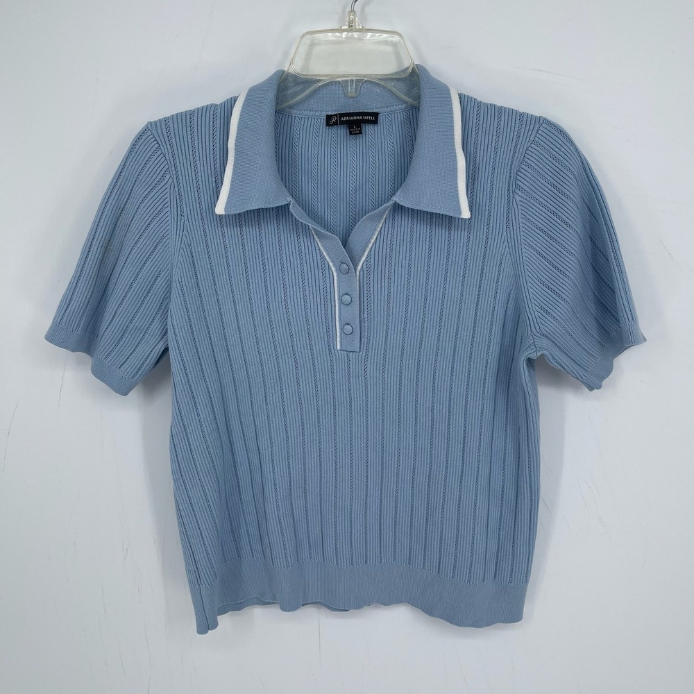 Adrianna Papell Women's Blue Ribbed Knit Collared Short Sleeve Polo Top Size L